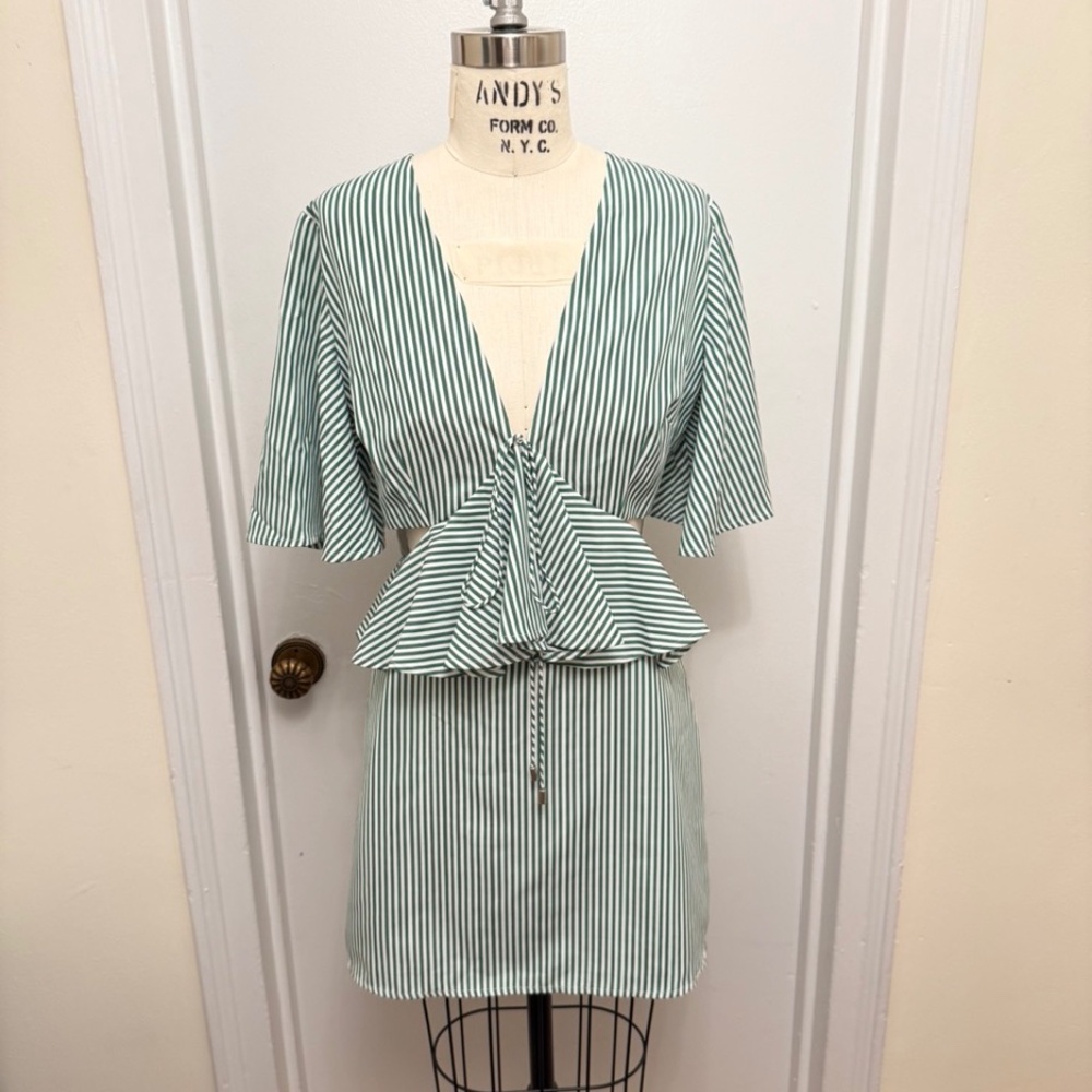 C/meo Collective Green Stripe Peplum Mini Dress